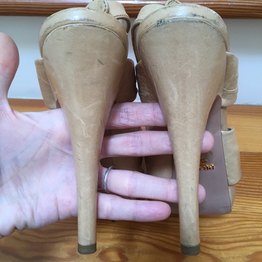 Prada Platform Heels Sandals Crisscross Ruched Slingback Nude Beige size 39.5 - Picture 5 of 16